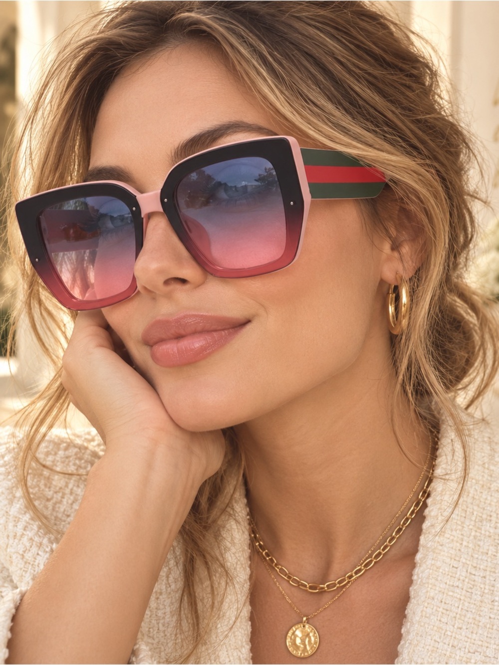 Gradient Pink Square Sunglasses with Green-Red Accent